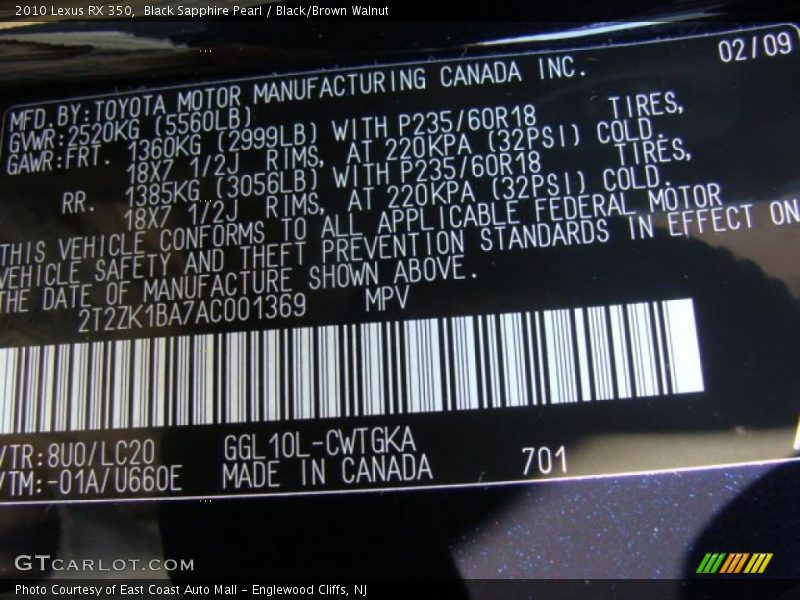 Black Sapphire Pearl / Black/Brown Walnut 2010 Lexus RX 350