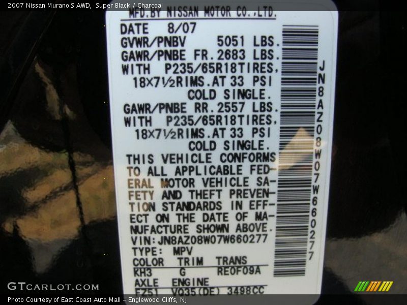 Super Black / Charcoal 2007 Nissan Murano S AWD