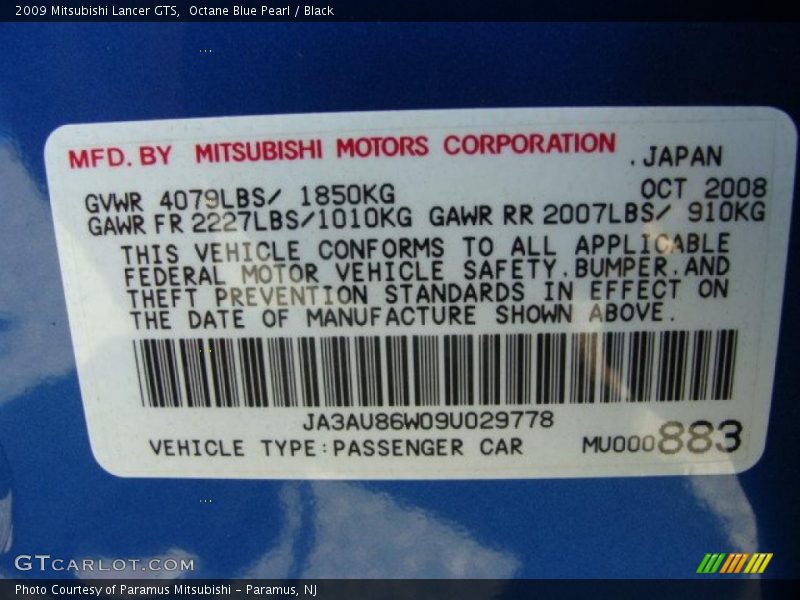 Octane Blue Pearl / Black 2009 Mitsubishi Lancer GTS
