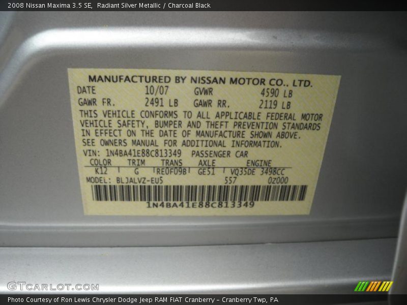 Radiant Silver Metallic / Charcoal Black 2008 Nissan Maxima 3.5 SE