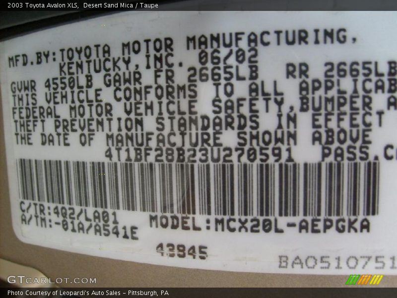 Desert Sand Mica / Taupe 2003 Toyota Avalon XLS
