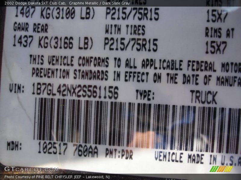 Graphite Metallic / Dark Slate Gray 2002 Dodge Dakota SXT Club Cab