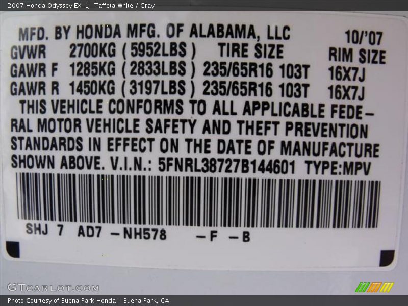 Taffeta White / Gray 2007 Honda Odyssey EX-L