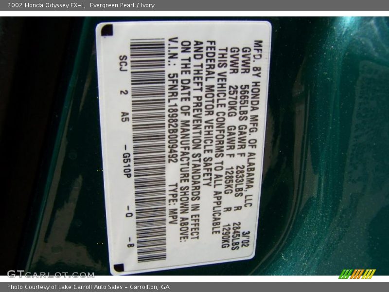 Evergreen Pearl / Ivory 2002 Honda Odyssey EX-L