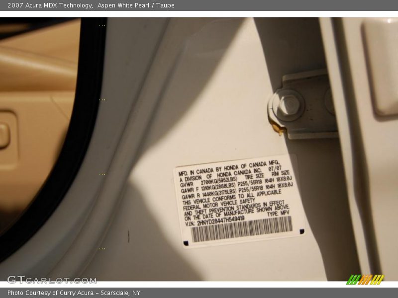 Aspen White Pearl / Taupe 2007 Acura MDX Technology