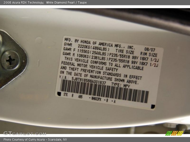 White Diamond Pearl / Taupe 2008 Acura RDX Technology