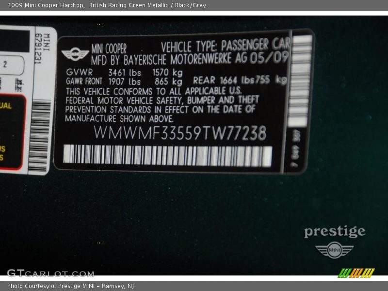 British Racing Green Metallic / Black/Grey 2009 Mini Cooper Hardtop