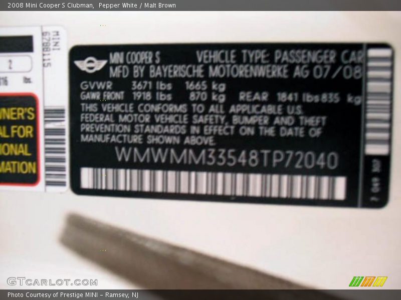 Pepper White / Malt Brown 2008 Mini Cooper S Clubman