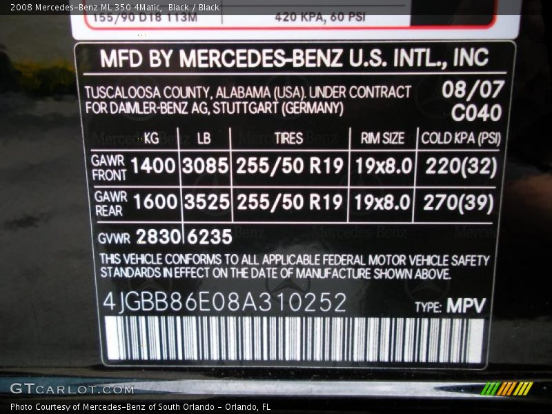 Black / Black 2008 Mercedes-Benz ML 350 4Matic