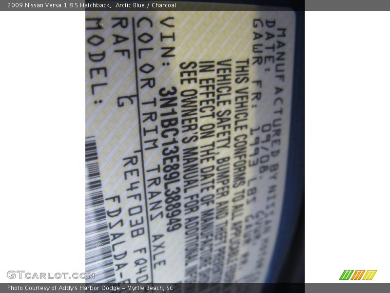 Arctic Blue / Charcoal 2009 Nissan Versa 1.8 S Hatchback