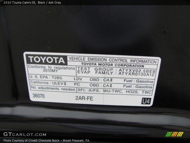 Black / Ash Gray 2010 Toyota Camry SE