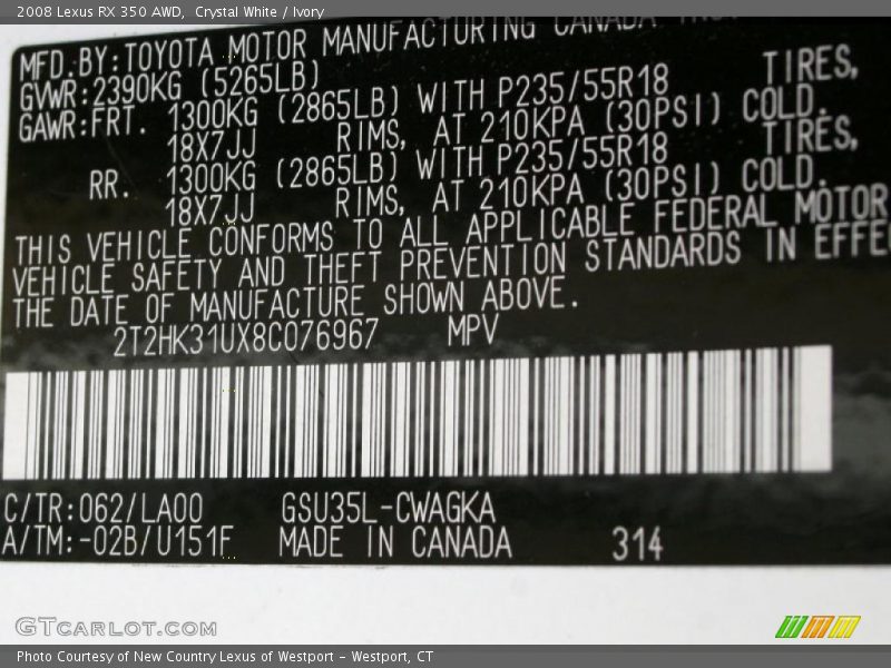 Crystal White / Ivory 2008 Lexus RX 350 AWD