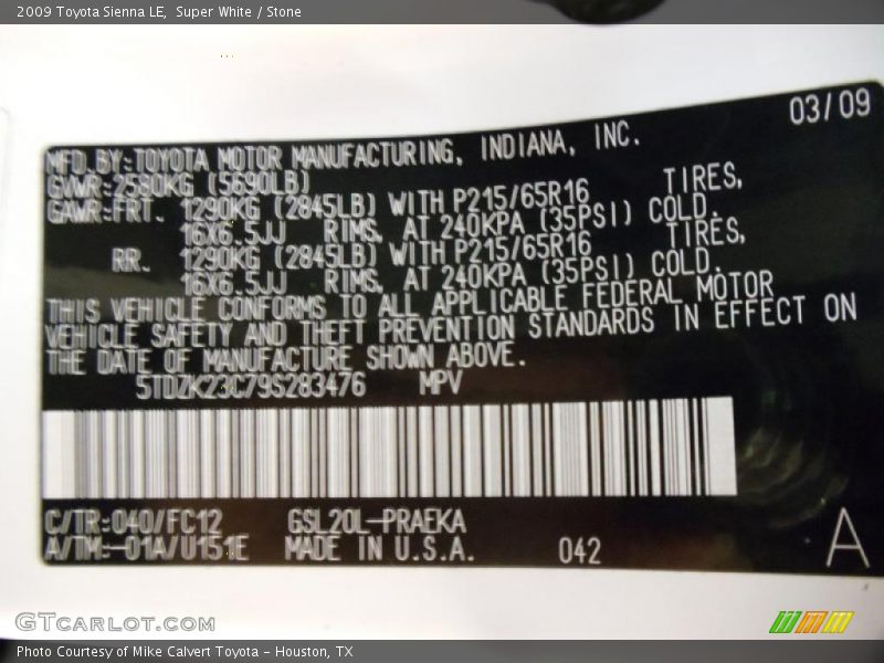 Super White / Stone 2009 Toyota Sienna LE