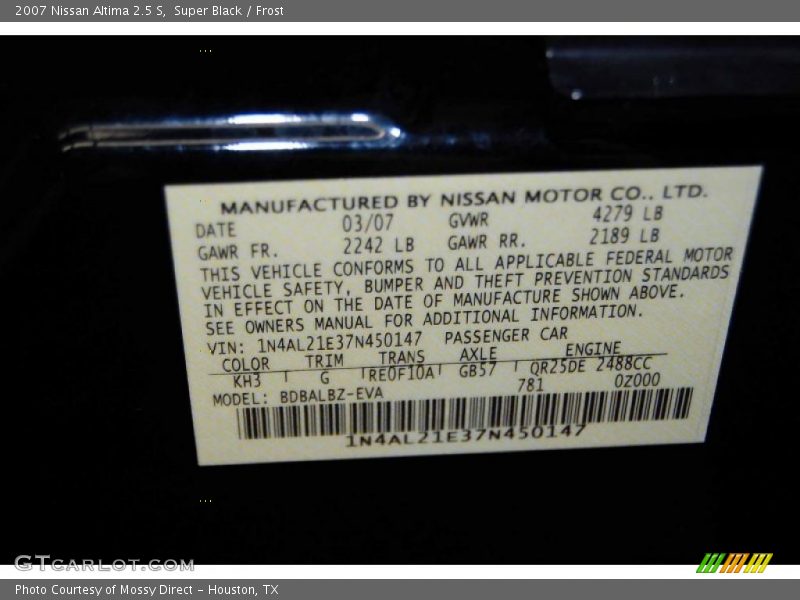 Super Black / Frost 2007 Nissan Altima 2.5 S