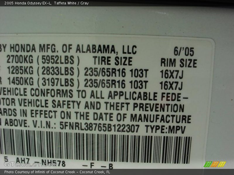 Taffeta White / Gray 2005 Honda Odyssey EX-L
