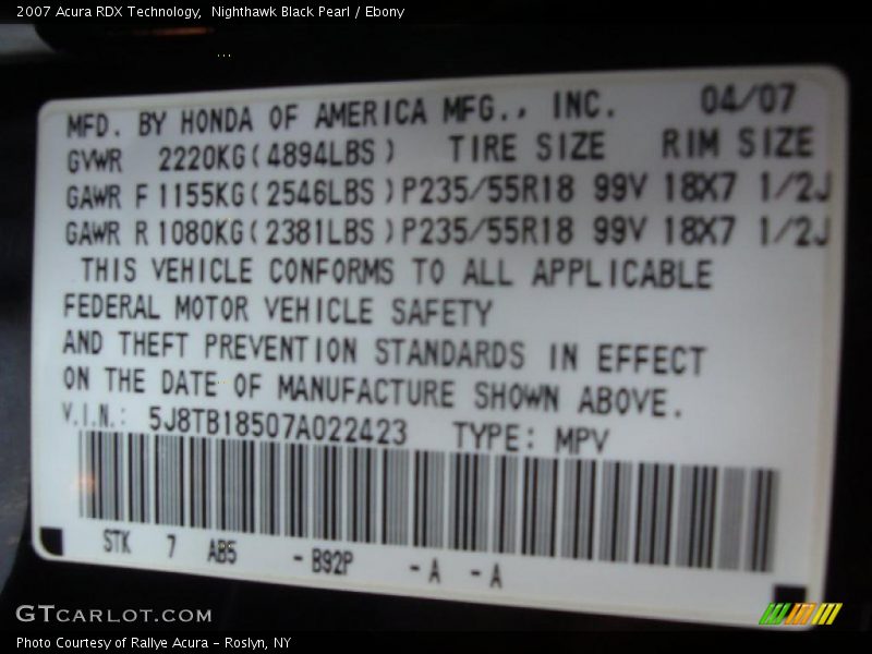Nighthawk Black Pearl / Ebony 2007 Acura RDX Technology