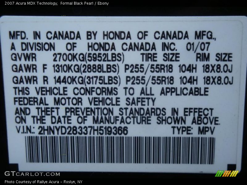 Formal Black Pearl / Ebony 2007 Acura MDX Technology