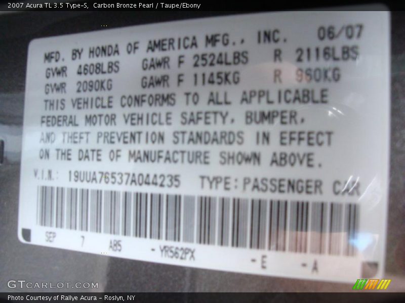 Carbon Bronze Pearl / Taupe/Ebony 2007 Acura TL 3.5 Type-S