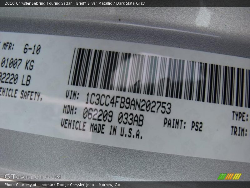 Bright Silver Metallic / Dark Slate Gray 2010 Chrysler Sebring Touring Sedan