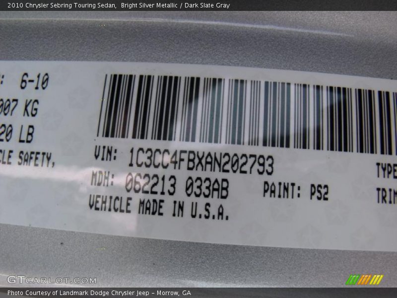 Bright Silver Metallic / Dark Slate Gray 2010 Chrysler Sebring Touring Sedan