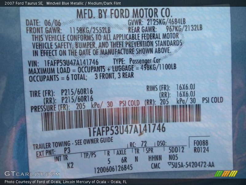 Windveil Blue Metallic / Medium/Dark Flint 2007 Ford Taurus SE