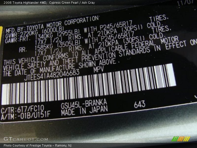 Cypress Green Pearl / Ash Gray 2008 Toyota Highlander 4WD