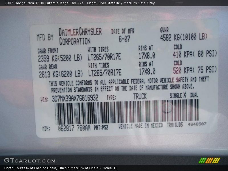 Bright Silver Metallic / Medium Slate Gray 2007 Dodge Ram 3500 Laramie Mega Cab 4x4