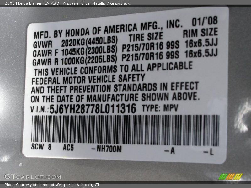 Alabaster Silver Metallic / Gray/Black 2008 Honda Element EX AWD