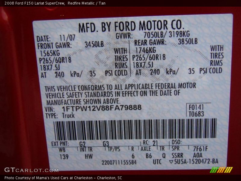 Redfire Metallic / Tan 2008 Ford F150 Lariat SuperCrew