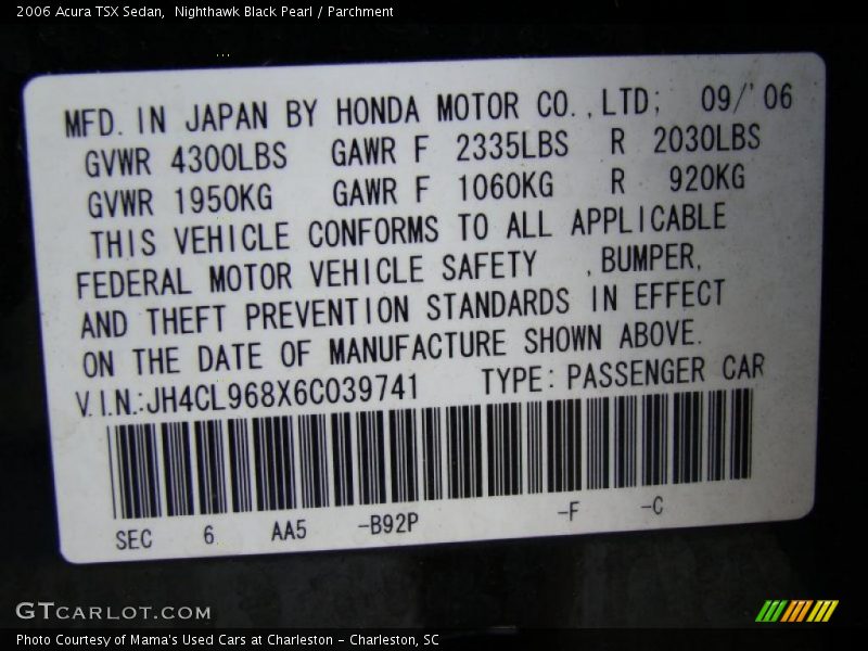 Nighthawk Black Pearl / Parchment 2006 Acura TSX Sedan