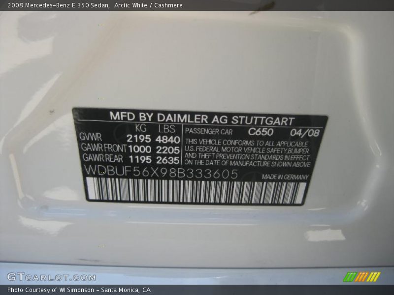 Arctic White / Cashmere 2008 Mercedes-Benz E 350 Sedan