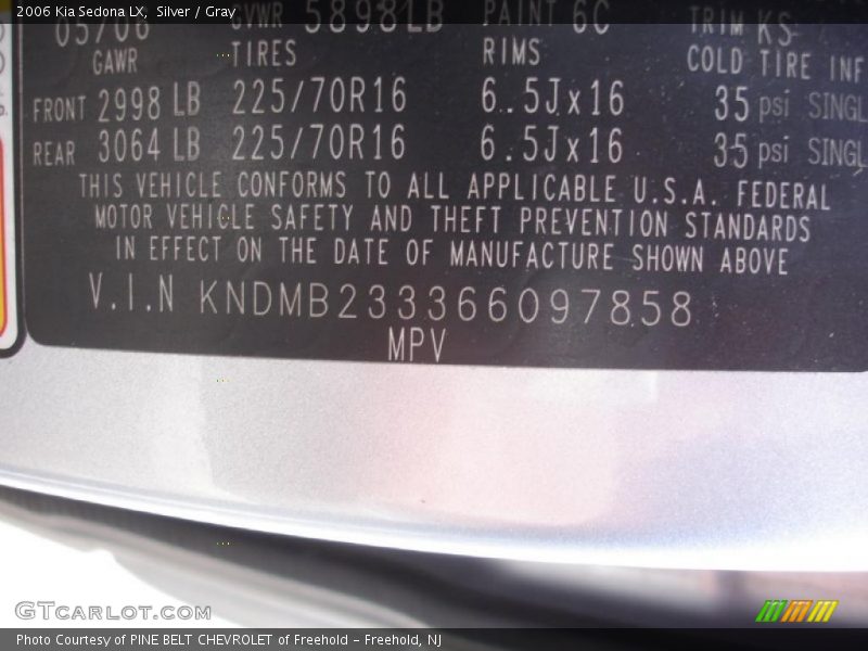 Silver / Gray 2006 Kia Sedona LX