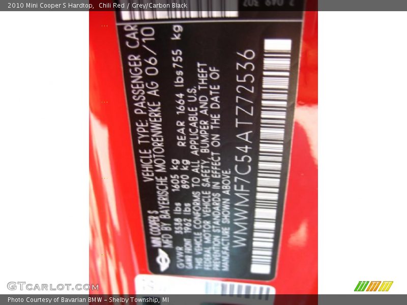 Chili Red / Grey/Carbon Black 2010 Mini Cooper S Hardtop