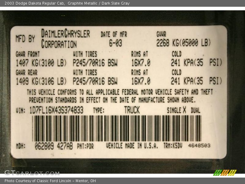 Graphite Metallic / Dark Slate Gray 2003 Dodge Dakota Regular Cab