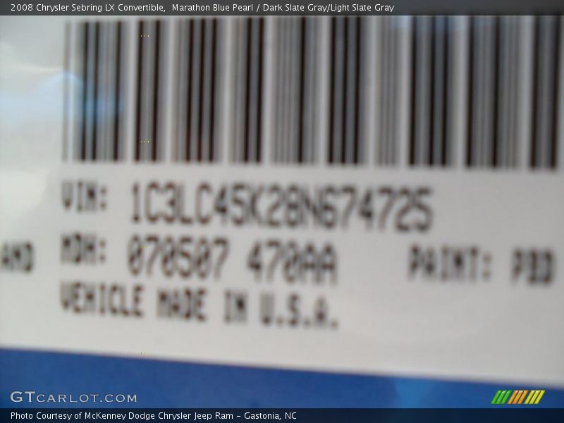Marathon Blue Pearl / Dark Slate Gray/Light Slate Gray 2008 Chrysler Sebring LX Convertible