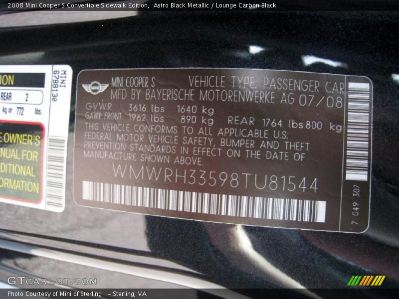 Astro Black Metallic / Lounge Carbon Black 2008 Mini Cooper S Convertible Sidewalk Edition