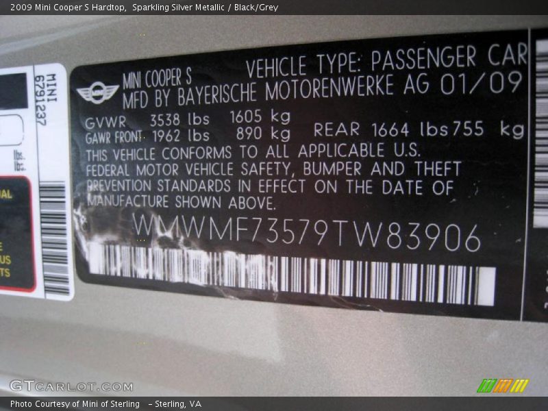 Sparkling Silver Metallic / Black/Grey 2009 Mini Cooper S Hardtop