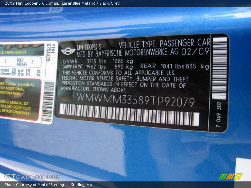 Laser Blue Metallic / Black/Grey 2009 Mini Cooper S Clubman