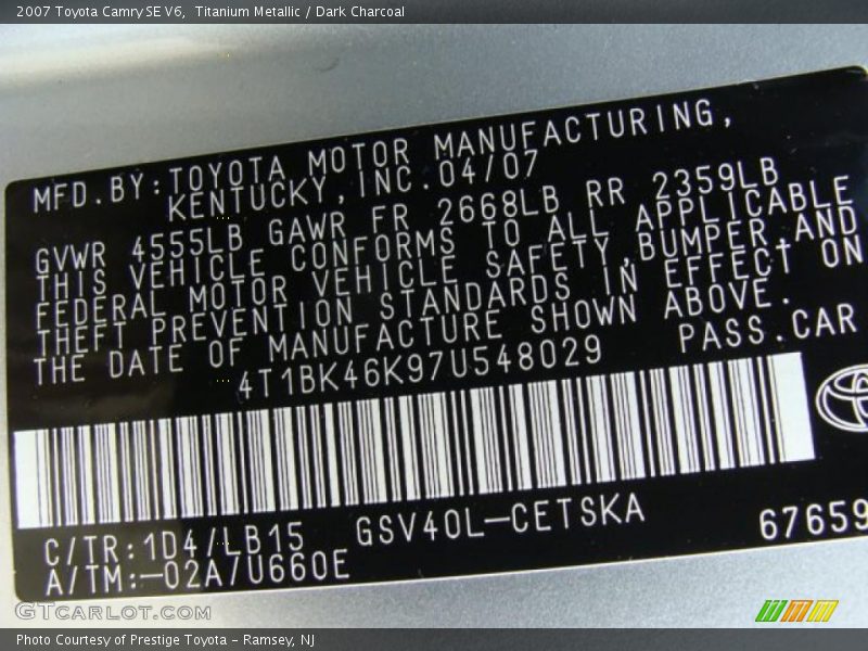 Titanium Metallic / Dark Charcoal 2007 Toyota Camry SE V6