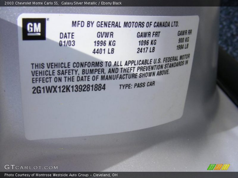 Galaxy Silver Metallic / Ebony Black 2003 Chevrolet Monte Carlo SS