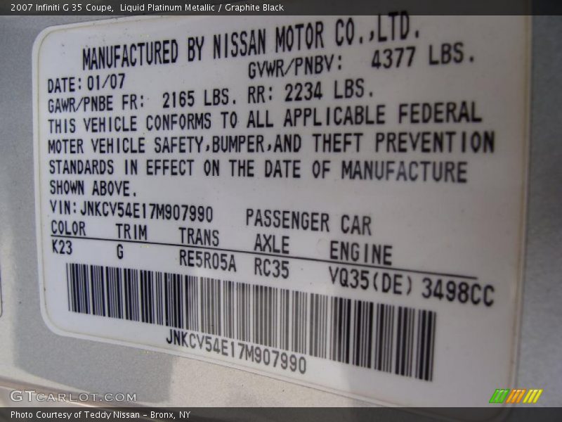 Liquid Platinum Metallic / Graphite Black 2007 Infiniti G 35 Coupe