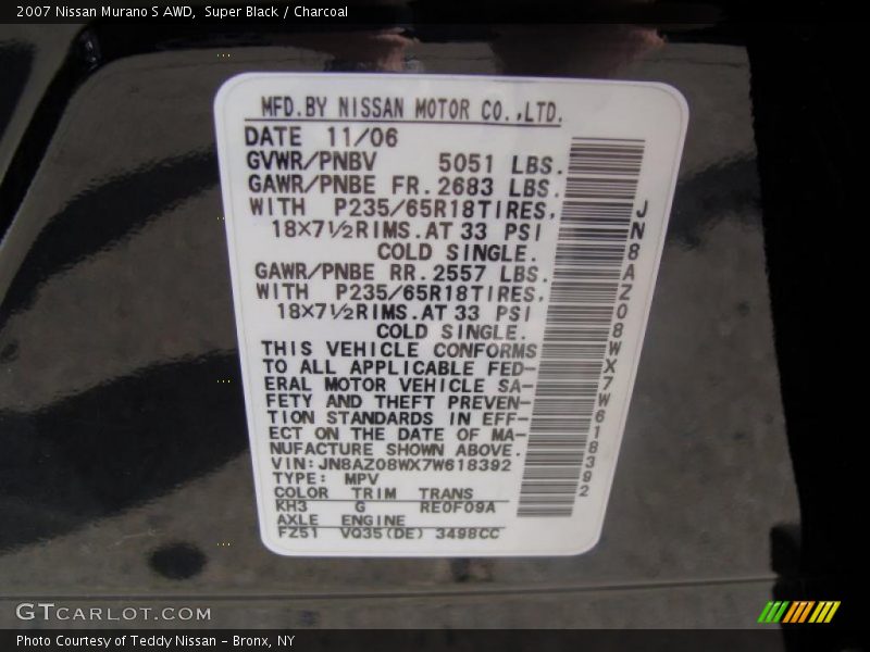 Super Black / Charcoal 2007 Nissan Murano S AWD