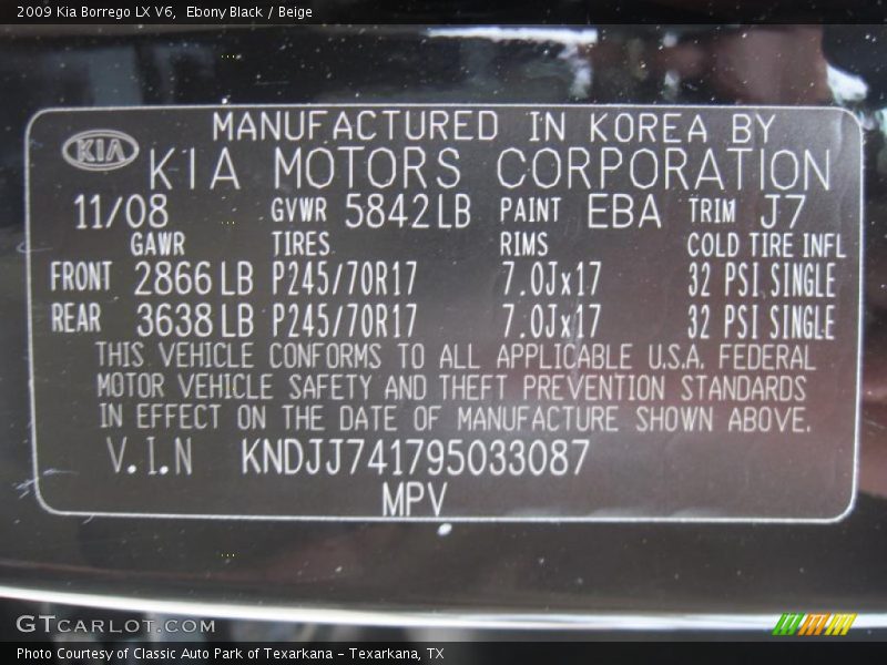 Ebony Black / Beige 2009 Kia Borrego LX V6