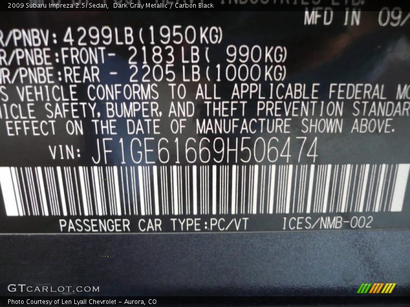 Dark Gray Metallic / Carbon Black 2009 Subaru Impreza 2.5i Sedan
