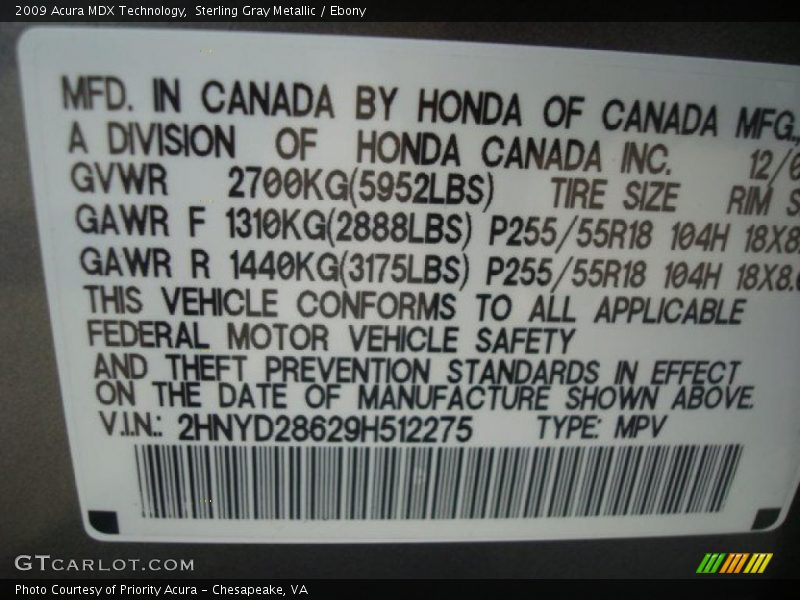 Sterling Gray Metallic / Ebony 2009 Acura MDX Technology
