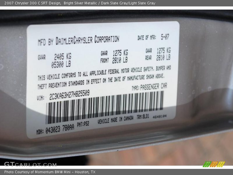 Bright Silver Metallic / Dark Slate Gray/Light Slate Gray 2007 Chrysler 300 C SRT Design