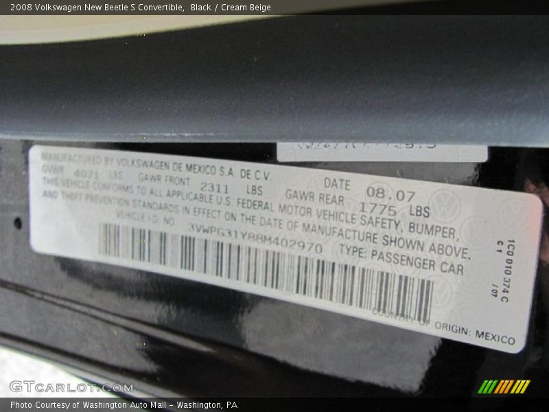 Black / Cream Beige 2008 Volkswagen New Beetle S Convertible
