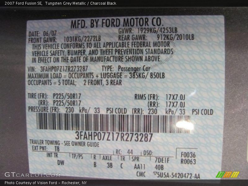 Tungsten Grey Metallic / Charcoal Black 2007 Ford Fusion SE