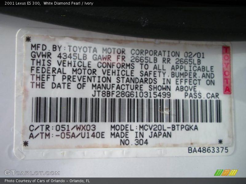 White Diamond Pearl / Ivory 2001 Lexus ES 300