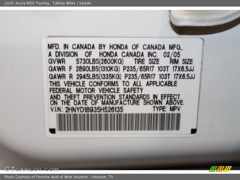 Taffeta White / Saddle 2005 Acura MDX Touring